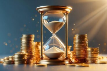 Gold hourglass amidst stacks of coins, symbolic of time and money