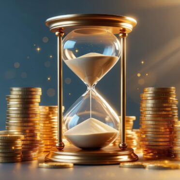 Gold hourglass amidst stacks of coins, symbolic of time and money
