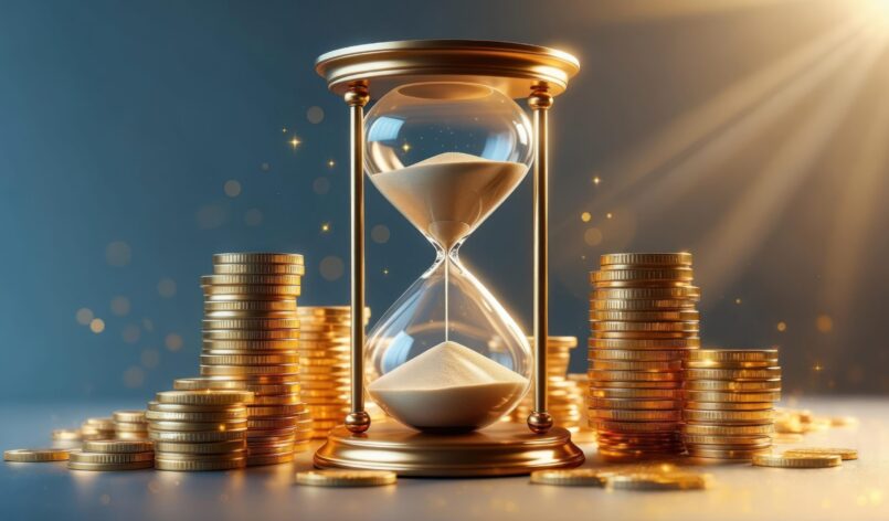 Gold hourglass amidst stacks of coins, symbolic of time and money