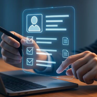 Man digitally filling online application form on laptop at night.