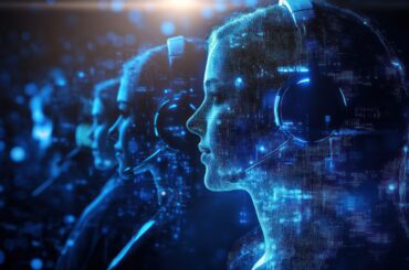 A futuristic depiction of customer support agents, rendered with a digital aesthetic. The image conveys themes of technology, virtual assistance, and the evolving landscape of customer service in the digital age. It represents the intersection of human interaction and artificial intelligence in modern communication networks.