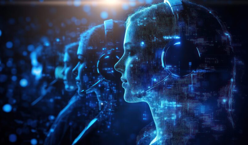 A futuristic depiction of customer support agents, rendered with a digital aesthetic. The image conveys themes of technology, virtual assistance, and the evolving landscape of customer service in the digital age. It represents the intersection of human interaction and artificial intelligence in modern communication networks.